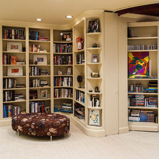 This is an example of a traditional fully buried basement in DC Metro with beige walls and white floors.