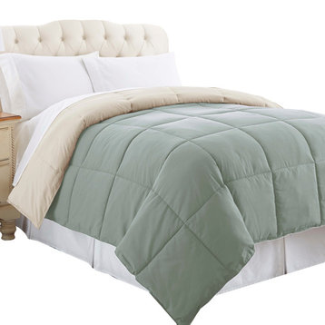 Genoa King Size Box Quilted Reversible Comforter , Gray And Beige