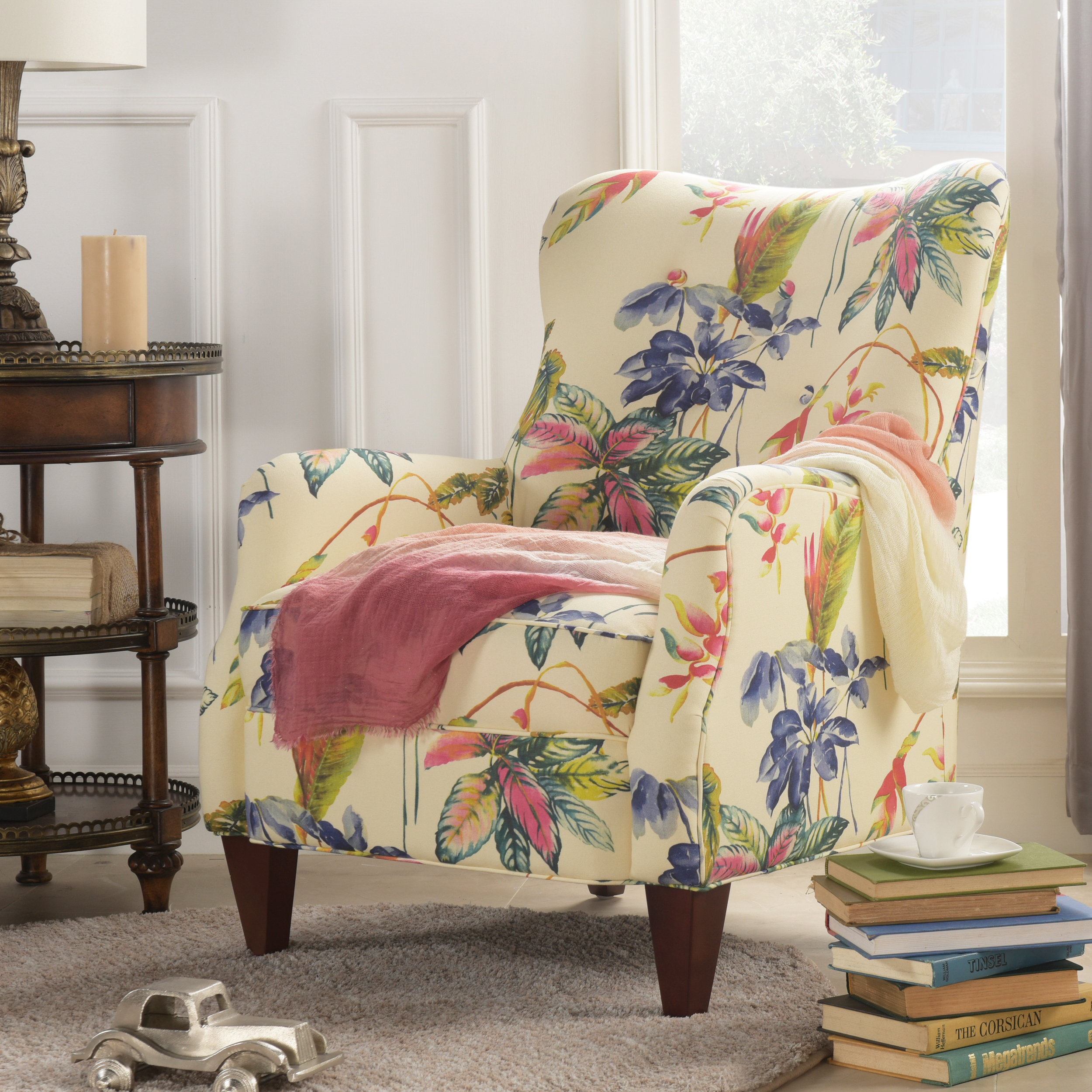 Paradise Upholstered Armchair, Tropical Floral Beige Polyester