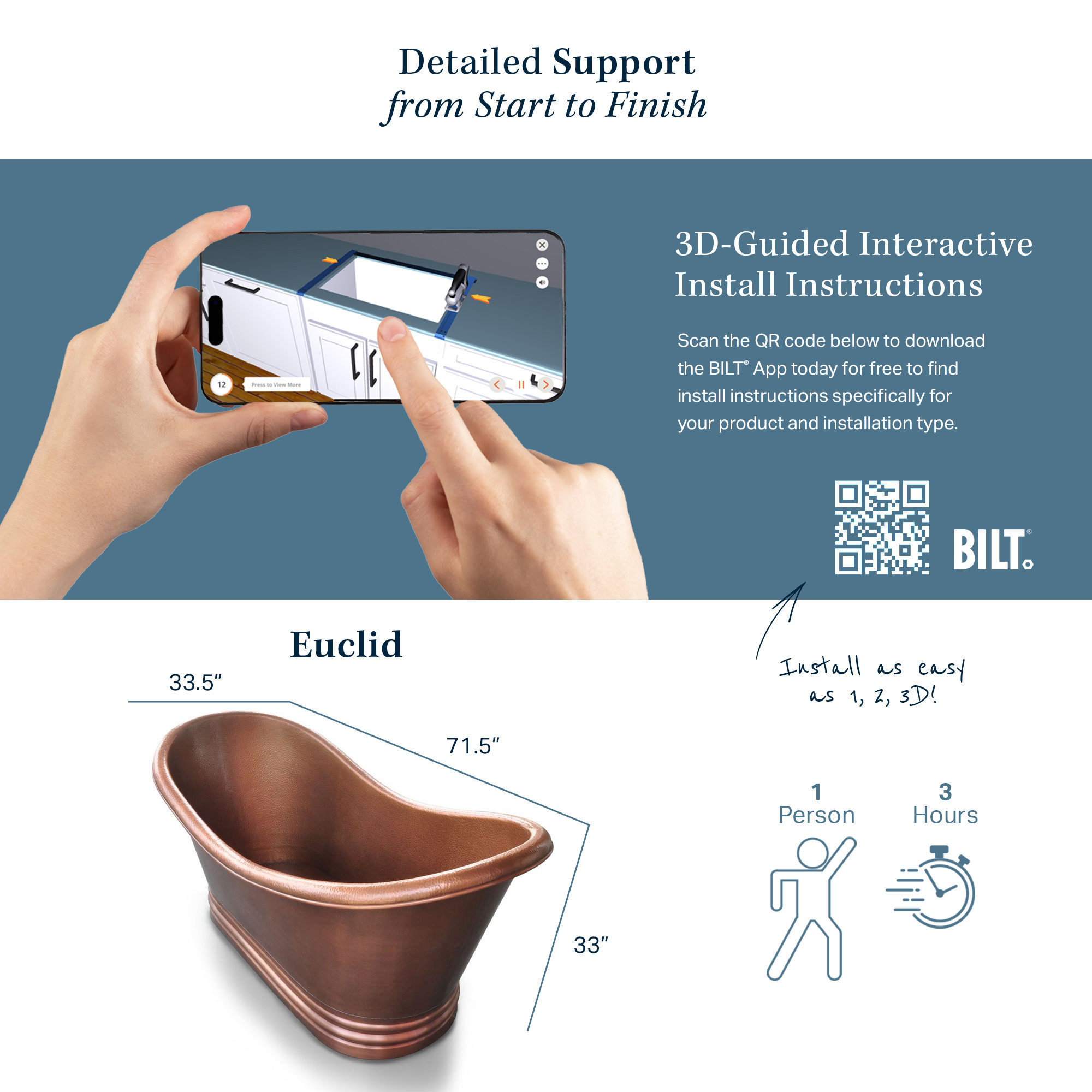 Euclid 6' Copper Freestanding Bathtub with Faucet and Drain Kit
