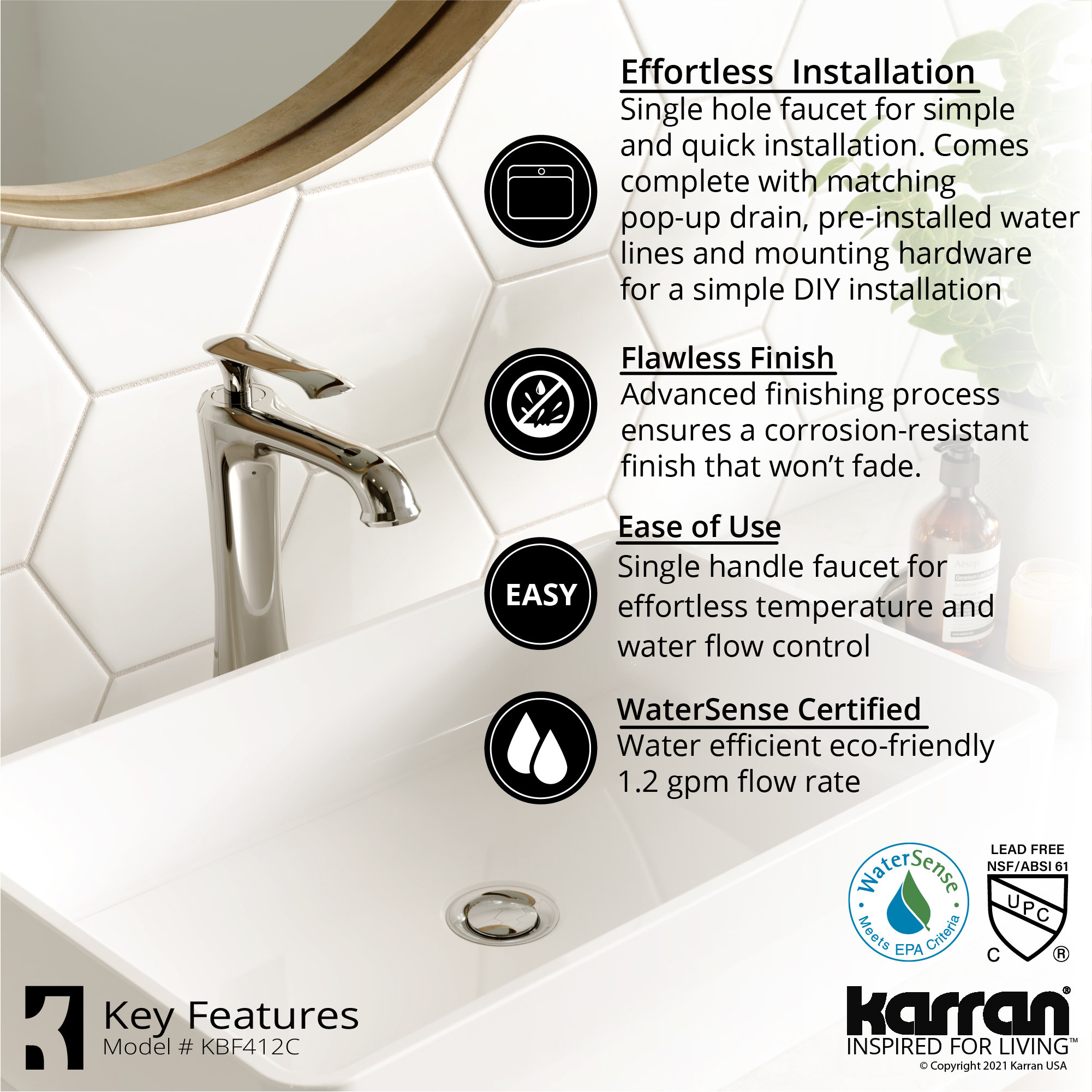 Karran 1-Hole 1-Handle Vessel Faucet With Pop-Up Drain, Chrome