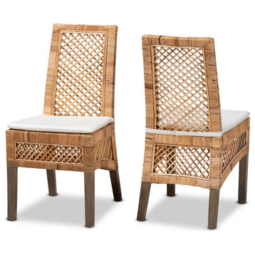 2 Pack Dining Chair, Unique Lattice Rattan Covered Frame & White Cushioned Seat
