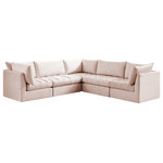 Meridian Furniture - Jacob Velvet Upholstered 5-Piece L-Shaped Modular Sectional, Pink - Create the ideal seating arrangement for your space when you pick and choose the elements you like mostincluding this Jacob velvet modular sectional. Mix and match items in the Jacob collection to bring your living space or family room together with a personalized slant. Soft pink velvet upholstery is soft and welcoming to the touch, adding a luxurious feel to everyday seating. Deep channel tufting adds to the piece's durability, and latches underneath the unit make it easy to attach to other pieces in the collection.