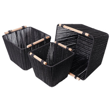 Boho Black Paper and Natural Rope Woven Storage Basket with Handles Set of 3