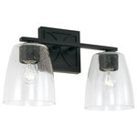 Capital Lighting - Capital Lighting Sylvia 2 Light Vanity, Matte Black/Clear Seeded - The curved x detailing on the backplate of the Sylvia 2-Light Vanity makes a stylish statement. The Matte Black finish complements the seeded glass shades. This fixture is available as a 2-light, 3-light or 4-light.