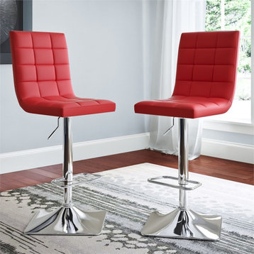 Xavier Red PU Fabric Tufted Adjustable High Back Square Barstools - Set of 2