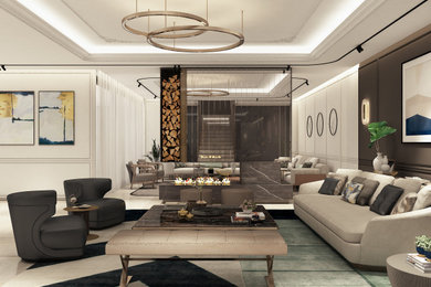 Example of a huge trendy open concept marble floor, beige floor, tray ceiling and wall paneling living room design in Other with a two-sided fireplace, a stone fireplace, a media wall, a bar and white walls