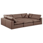 Meridian Furniture - Comfy Upholstered U-Shaped Modular Sectional, Brown, 6-Piece: 3 Armless Chair, 2 Corner Chair, 1 Ottoman, Vegan Leather - Give your space a whole new look with this brown Comfy vegan leather sectional. This handsome sectional fits nicely with other items in the Comfy collection and is a versatile seating option designed for adaptability, comfort and style. Wrapped in rich brown durable vegan leathered upholstery, this sectional offers a plush embrace of overstuffed down feather cushions, carefully crafted to deliver the highest level of comfort. The perfect seat for creating an oasis for relaxation, this sectional has thick foam surrounding its frame for added support and coziness.