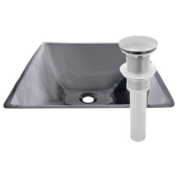 The Quadrato Clear Gray Square Tempered Glass Vessel Bathroom Sink with Drain, Brushed Nickel
