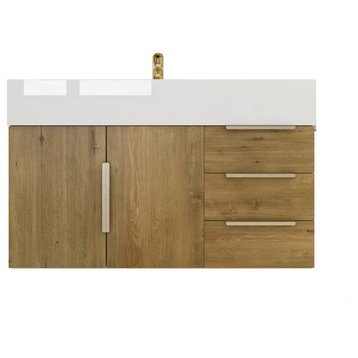 Jessica 36" Right Side Drawers Wall Mounted Vanity, Oak
