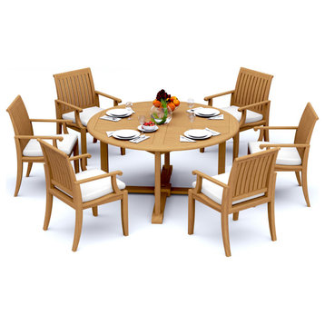 7-Piece Outdoor Patio Teak Dining Set: 60" Round Table, 6 Lagos Arm Chairs