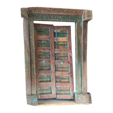 Mogul Interior - Consigned Antique Double Doors Carved Red Green Reclaimed Solid Frame Teak Doors - Front Doors