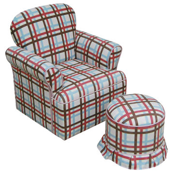 Rolled Arm Chari With Round Ottoman/Plaid