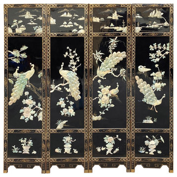 Jade Color Stone Peacocks Inlaid Black Lacquer Wood Floor Screen Divider Hcs7245