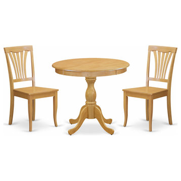 3 Pc Dining Room Set, 1 Pedestal Dining Room Table, 2 Oak Chairs, Oak
