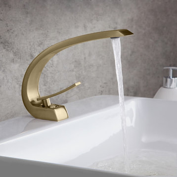 Single Hole 1-Handle Bathroom Sink Faucet Curved Spout with Pop Up Drain, Brushed Gold