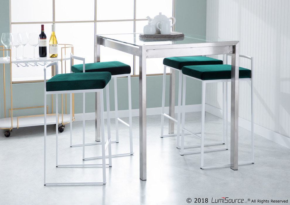 LumiSource Fuji Counter Stool Set of 2, Green Velvet Cushion, White Frame