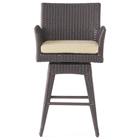 GDF Studio Royer Outdoor Wicker Brown Swivel Barstool