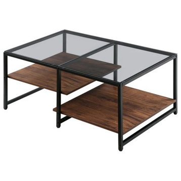 Modern Coffee Table, Metal Frame With High/Lower Brown Wood Shelves, Glass Top