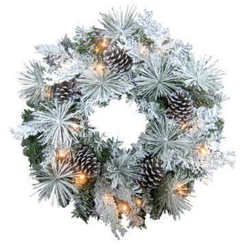 24" Christmas Prelit Snow Flocked Wreath With Oversized Pinecones