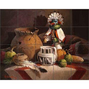 Ceramic Tile Mural Backsplash "Indian Heritage" by Maxine Johnston, 21.25"x17"