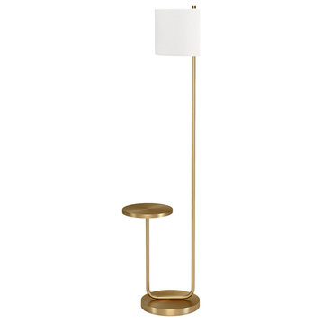 66" Brass Tray Table Floor Lamp With White No Pattern Frosted Glass Drum Shade