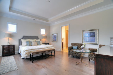 Inspiration for a mid-sized transitional master light wood floor bedroom remodel in San Diego with white walls