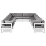 Meridian Furniture - Nizuc Water Resistant Patio U-Shaped Modular Sectional, Gray, 12-Piece: 8 Armless Chair, 4 Corner Chair, White Aluminum Frame - Pick and choose your favorites from the Nizuc collection to create a modular seating group the whole gang will enjoy. The sturdy aluminum frame provides dependable support for friends and family as they relax and unwind, and the resilient grey water resistant fabric stands up to the elements without losing its beautiful demeanor, so you can count on it lasting for the long haul. Latches beneath these seating pieces help you easily attach them to one another for convenient setup.