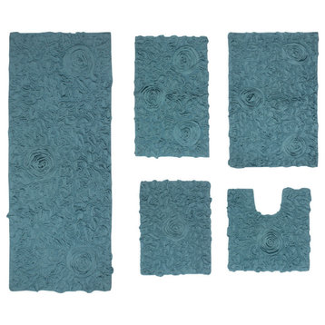 Bell Flower Collection Tufted Bath Rugs, 5-Piece Set With Runner, Blue