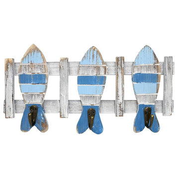 Blue and White Fish Triple Wall Hooks Wood and Metal 13 Inch