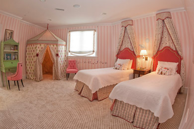 Mid-sized traditional guest bedroom in Philadelphia with pink walls, carpet and no fireplace.