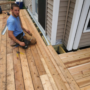 Stamped concrete, cedar deck