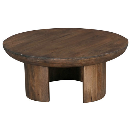 35" Coffee Table Round Mango Wood Top Curved Tripod Legs Walnut Brown Finish