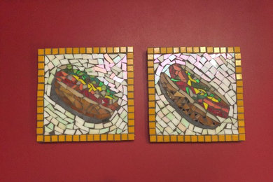 Diseño de cocina ecléctica con salpicadero multicolor y salpicadero con mosaicos de azulejos