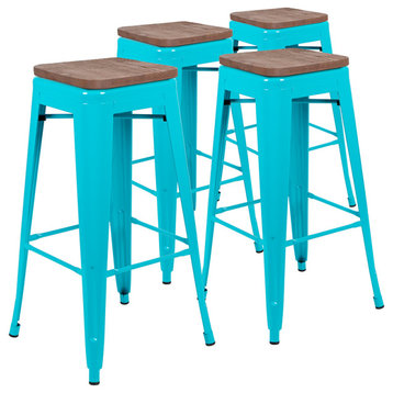 30" Metal Indoor Bar Stool with Wood Seat in Teal-Stackable Set of 4