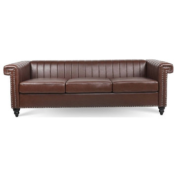 CRO Decor 83.5"W Modern Square Arm PU 3 Seater Leather Sofa in Dark Brown