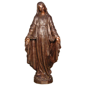 Virgin Mary Welcoming Bronze Sculpture With Marble Base