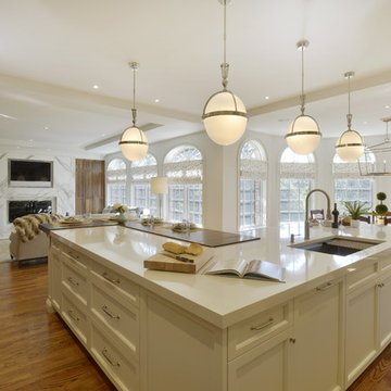 A Dramatic Marble Backsplash in a Transitional Kitchen
