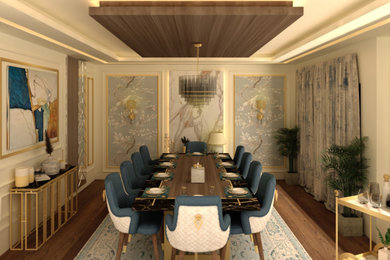 Mid-sized elegant wood ceiling, wallpaper, dark wood floor and brown floor enclosed dining room photo in Other with beige walls