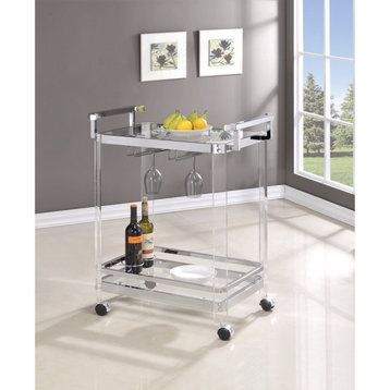 Stylish Metal Base Serving Cart With Glass Top, Clear