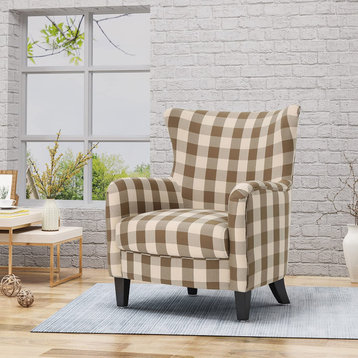 Farmhouse Accent Chair, Checkerboard Patterned Upholstery With Wingback, Brown