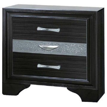 3 Drawers Silver Glitter Inserted Nightstand, Black