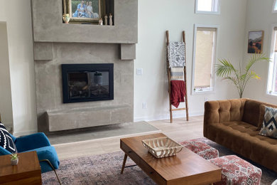 Example of a mid-sized trendy enclosed light wood floor, beige floor and vaulted ceiling living room design in Other with white walls, a standard fireplace, a concrete fireplace and no tv