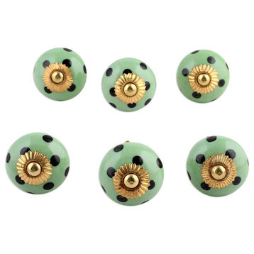 Polka Dot Green Ceramic Knobs, Set of 6