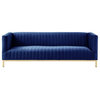 Posh Living Hayden Velvet Tuxedo Sofa with Y-Metal Base in Navy Blue/Gold