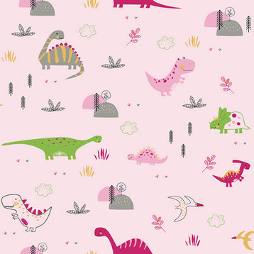 Natural and Blue Dinosaurs 32'x20.8" Kids Wallpaper, Pink & Green