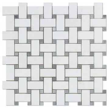 Greek Thassos Greek White Marble Basketweave With Gray Dots, Honed 1X2