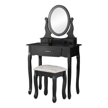 Modern Dressing Table Set, Round Mirror and Cushioned Stool, 3-Drawer, Black