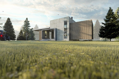Mid-sized trendy gray two-story concrete and clapboard exterior home photo in Other with a mixed material roof and a gray roof