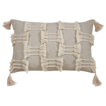 Frayed Design Cotton Poly Filled Throw Pillow, 14"x23", Natural